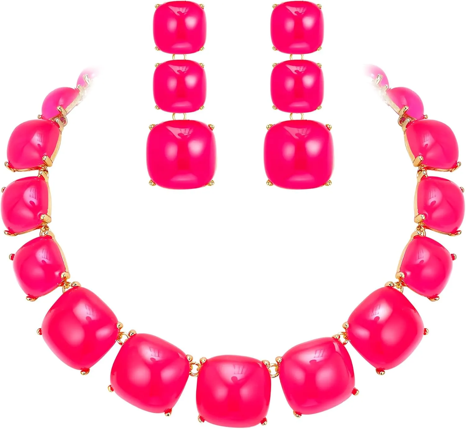 BriLove Fashion Stylish Beaded Statement Necklace Dangle Earrings Jewelry Set for Women Costume Christmas Party Prom Hot Pink Gold-Tone