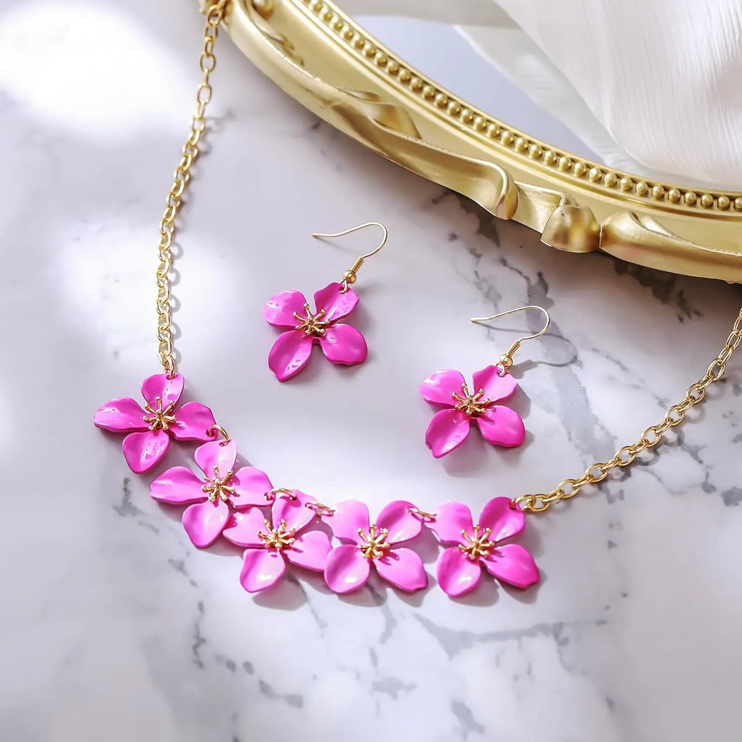 BriLove Flower Collar Necklace, Shiny Floral Summer Beach Statement Bib Necklaces Hook Earrings for Women Costume Prom Jewelry
