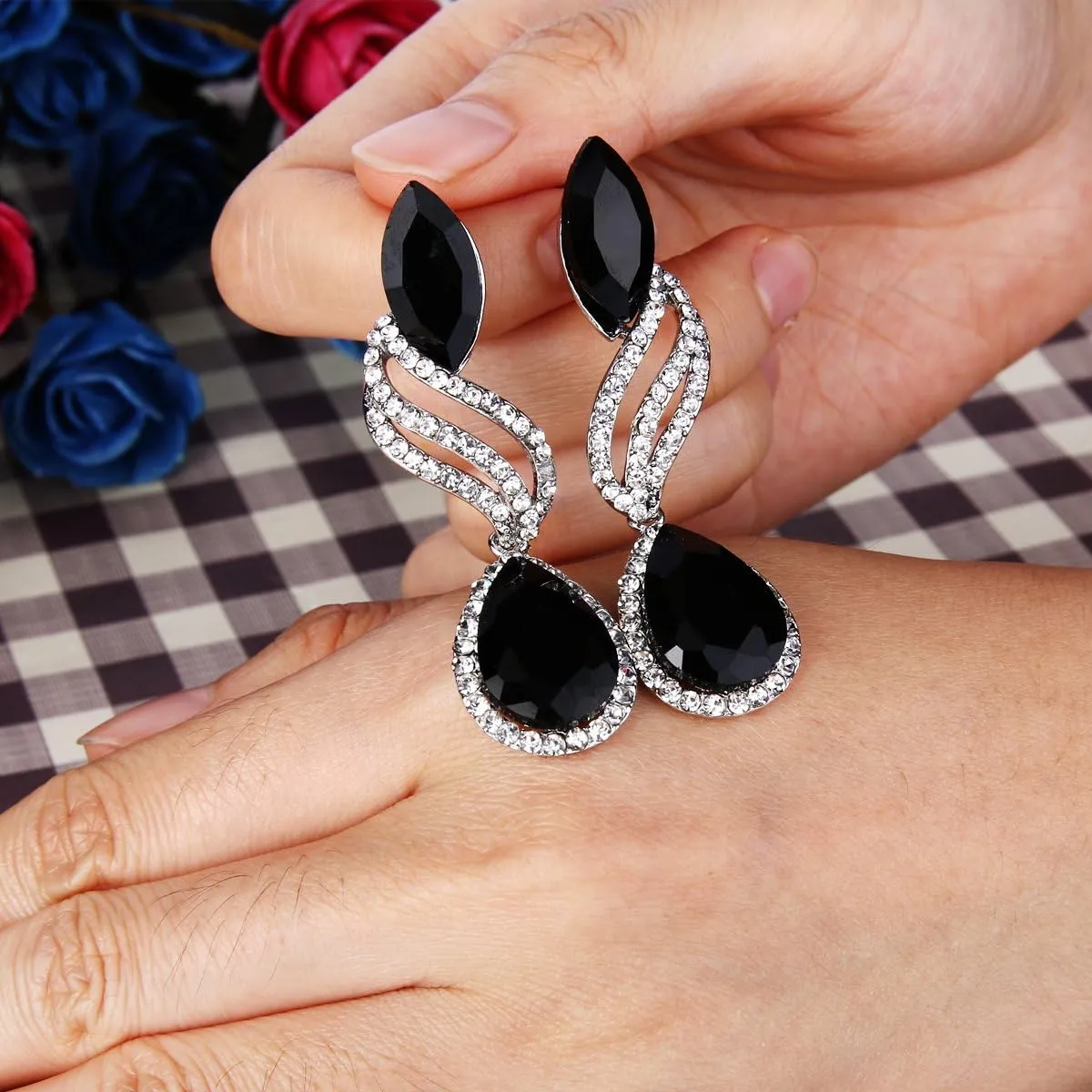 BriLove Women's Fashion Crystal Wedding Bridal Hollow Leaf Teardrop Dangle Earrings