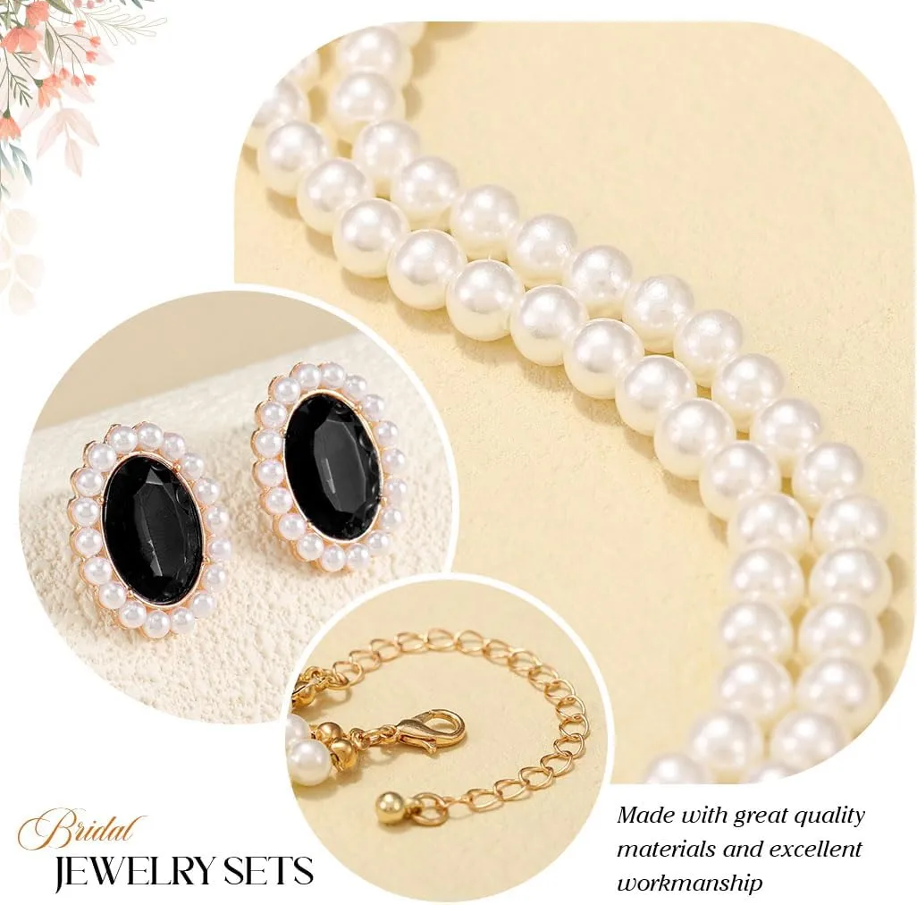 Brishow Pearl Necklace Jewelry Set Wedding Pearls Earrings Necklaces Set Bridal Crystal Bracelet Jewelry for Women (Pack of 3)