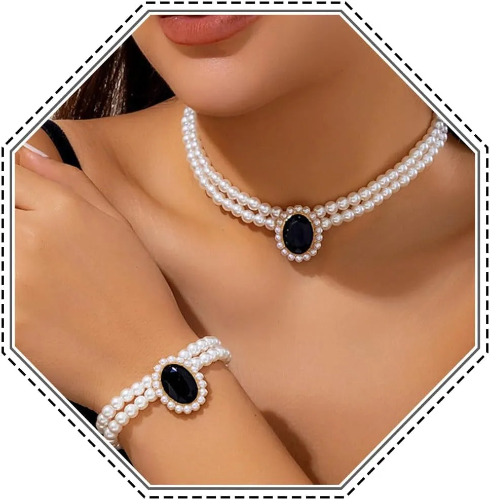 Brishow Pearl Necklace Jewelry Set Wedding Pearls Earrings Necklaces Set Bridal Crystal Bracelet Jewelry for Women (Pack of 3)