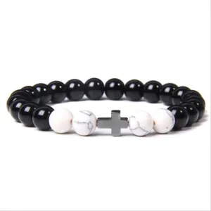 Buddhism Prayer Cross Bracelets Men Natural Healing Energy polihsed amethysts pulsera Women Black Onyx Bangle 21cm Vermeil