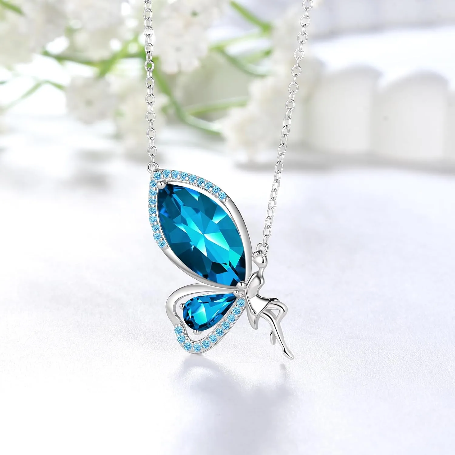 Butterfly Fairy Pendant Necklace - Woman 925 Sterling Silver Elegant Angel Birthstone Crystal Necklace Jewelry Christmas Anniversary Birthday Gift for Wife Daughter Mother DP0371