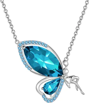 Butterfly Fairy Pendant Necklace - Woman 925 Sterling Silver Elegant Angel Birthstone Crystal Necklace Jewelry Christmas Anniversary Birthday Gift for Wife Daughter Mother DP0371