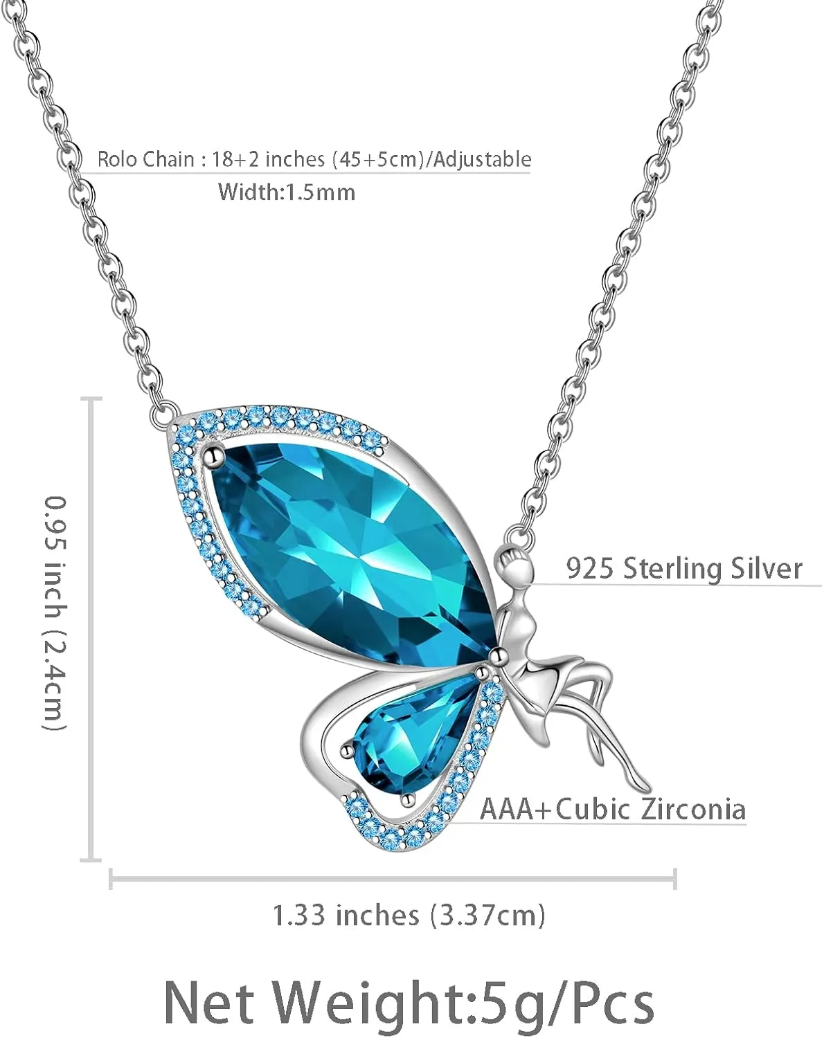 Butterfly Fairy Pendant Necklace - Woman 925 Sterling Silver Elegant Angel Birthstone Crystal Necklace Jewelry Christmas Anniversary Birthday Gift for Wife Daughter Mother DP0371