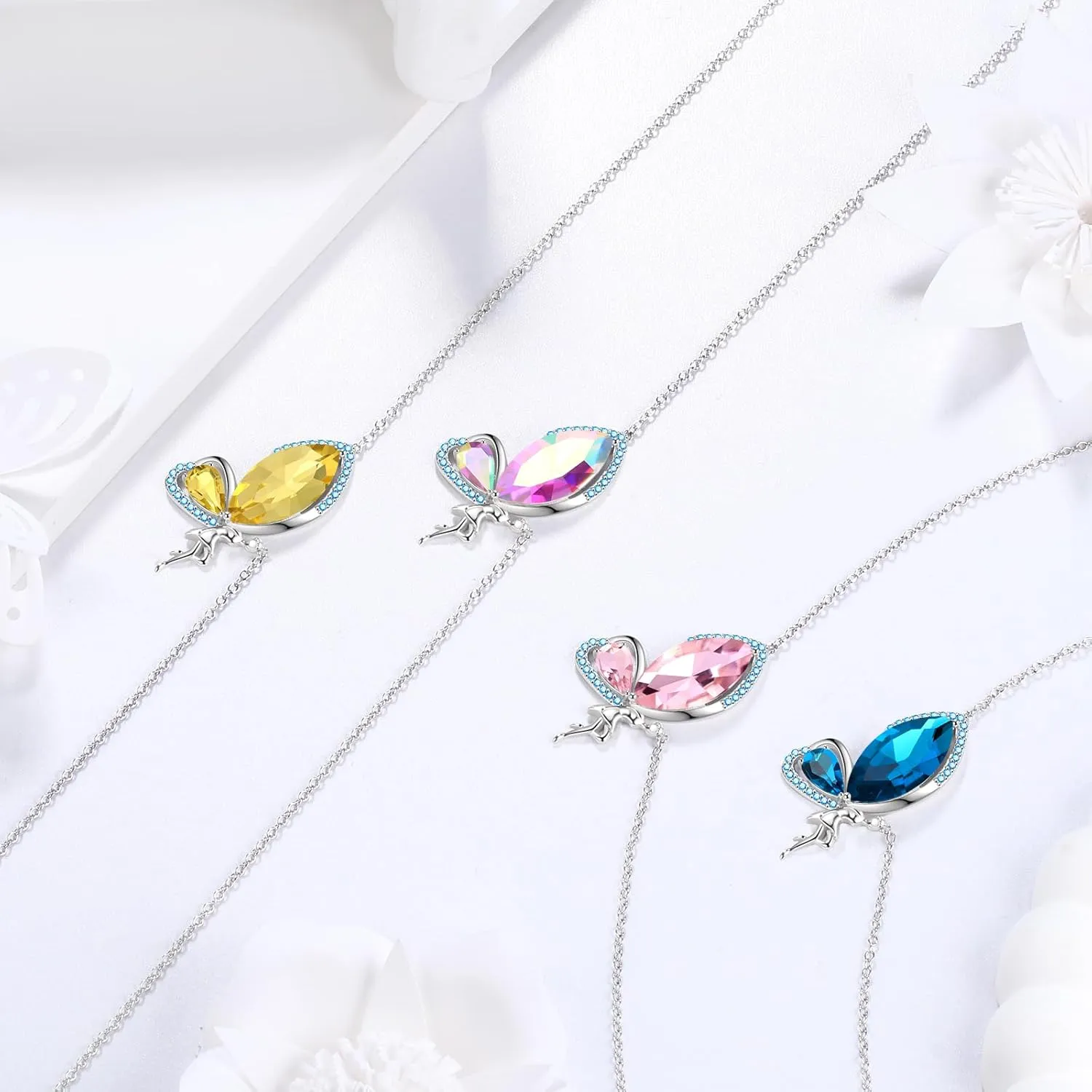 Butterfly Fairy Pendant Necklace - Woman 925 Sterling Silver Elegant Angel Birthstone Crystal Necklace Jewelry Christmas Anniversary Birthday Gift for Wife Daughter Mother DP0371