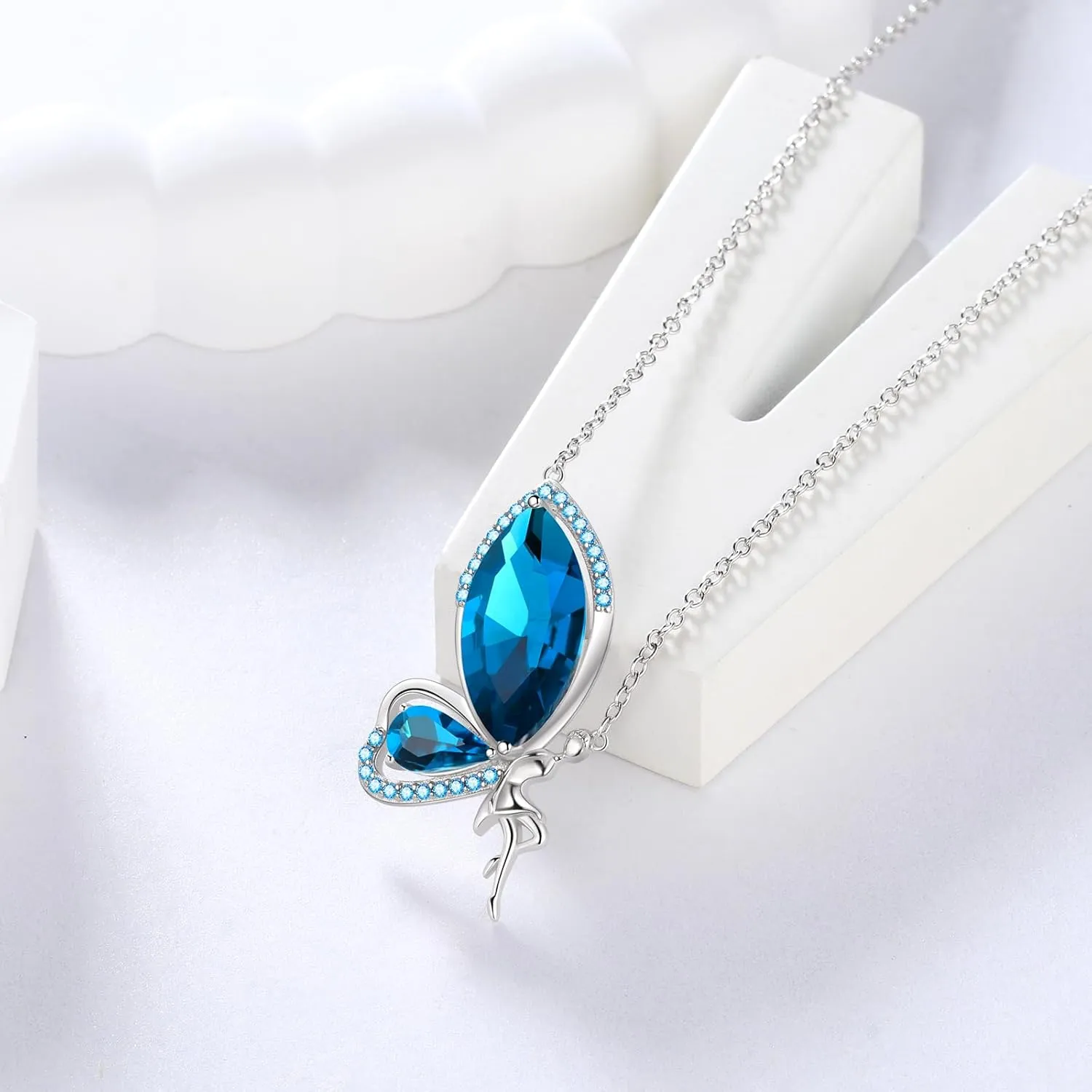 Butterfly Fairy Pendant Necklace - Woman 925 Sterling Silver Elegant Angel Birthstone Crystal Necklace Jewelry Christmas Anniversary Birthday Gift for Wife Daughter Mother DP0371