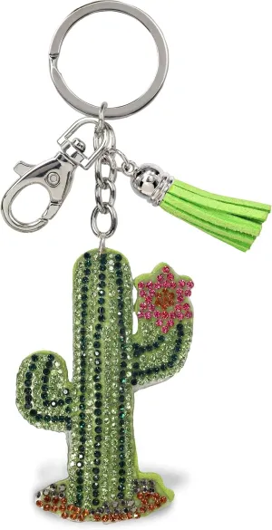 Cactus Keychain - Sparkling Rhinestones Charm with Tassel, Fashionable Stylish Polyester PU Cute Key Ring Bling Crystal Jewelry Accessory with Clasp