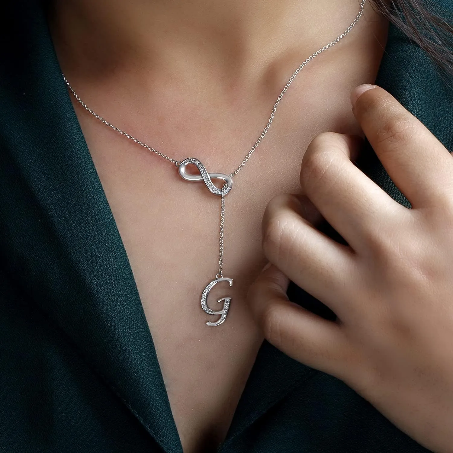 Cali Trove 1/20 CT Natural Diamond Infinity Lariat Necklace for Women | 925 Sterling Silver Customizable A-Z Alphabet Letter Pendant for Her| Elegant Infinity Charm Fashion Jewelry Gift for Women J