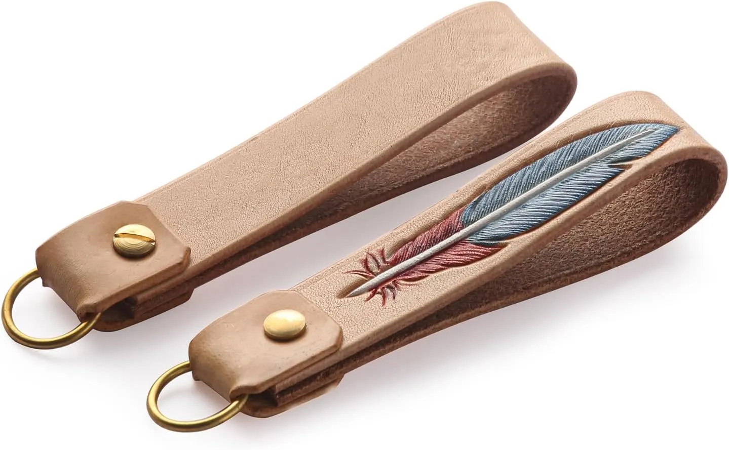Car keychain holder, leather feather keychain bracelet, brass hardware, suitable for both men and women, fashionable boutique leather keychain ring
