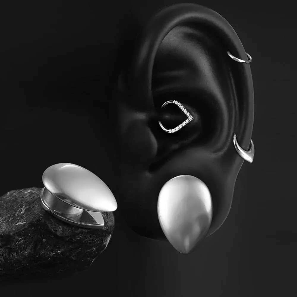 Casvort 2 PCS Hypoallergenic 0G-1" Elegant Teardrop Ear Tunnels Plugs 316 Surgical Stainless Steel Fashionable Ear Gauges Body Piercing Jewelry for Wedding