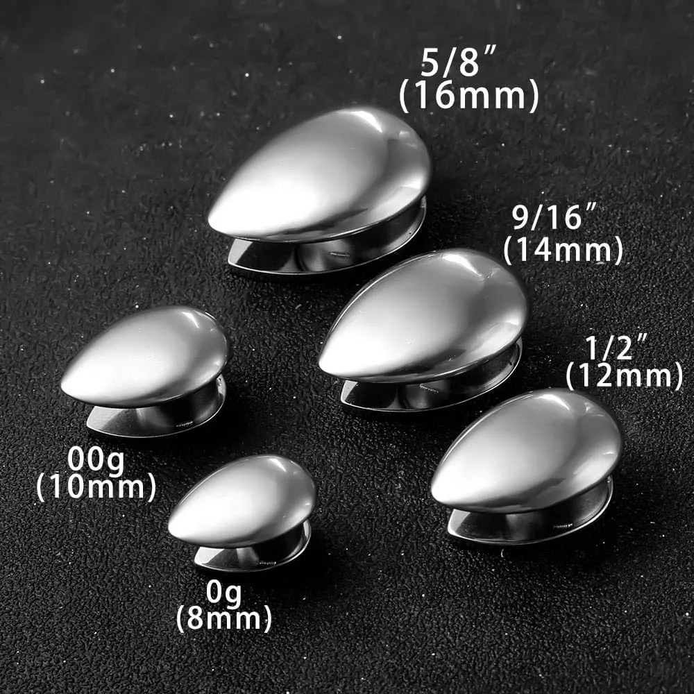 Casvort 2 PCS Hypoallergenic 0G-1" Elegant Teardrop Ear Tunnels Plugs 316 Surgical Stainless Steel Fashionable Ear Gauges Body Piercing Jewelry for Wedding