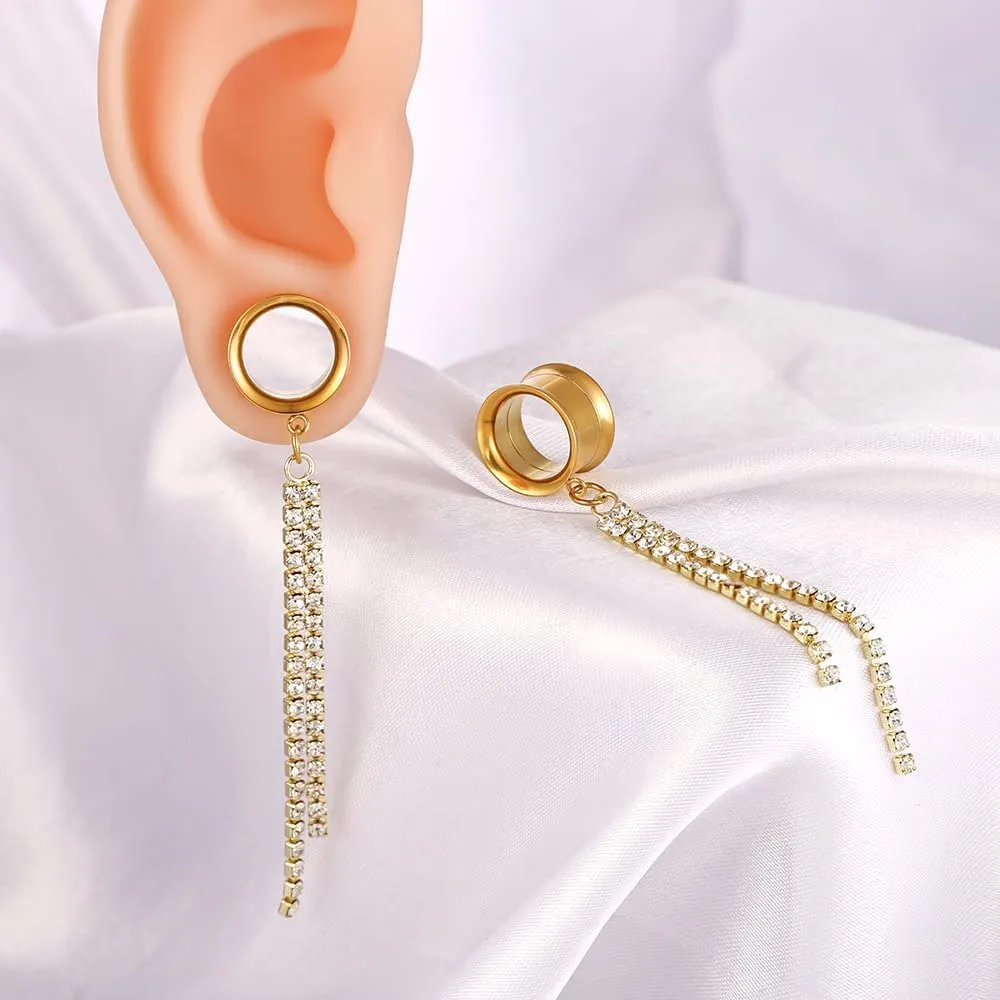 Casvort 2 PCS Hypoallergenic 2G-1" Elegant Tassel Dangle Ear Tunnels Plugs 316 Surgical Stainless Steel Fashionable Ear Gauges Earrings Expander Women Piercing Body Jewelry