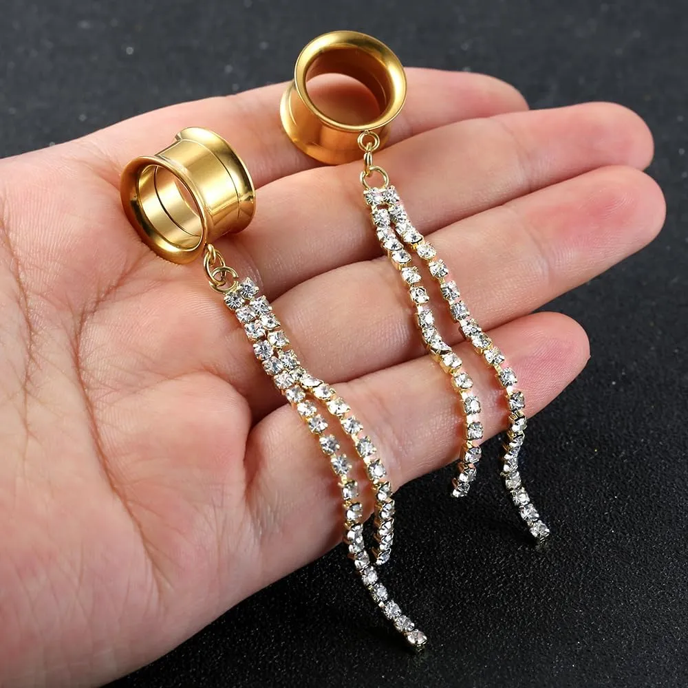Casvort 2 PCS Hypoallergenic 2G-1" Elegant Tassel Dangle Ear Tunnels Plugs 316 Surgical Stainless Steel Fashionable Ear Gauges Earrings Expander Women Piercing Body Jewelry