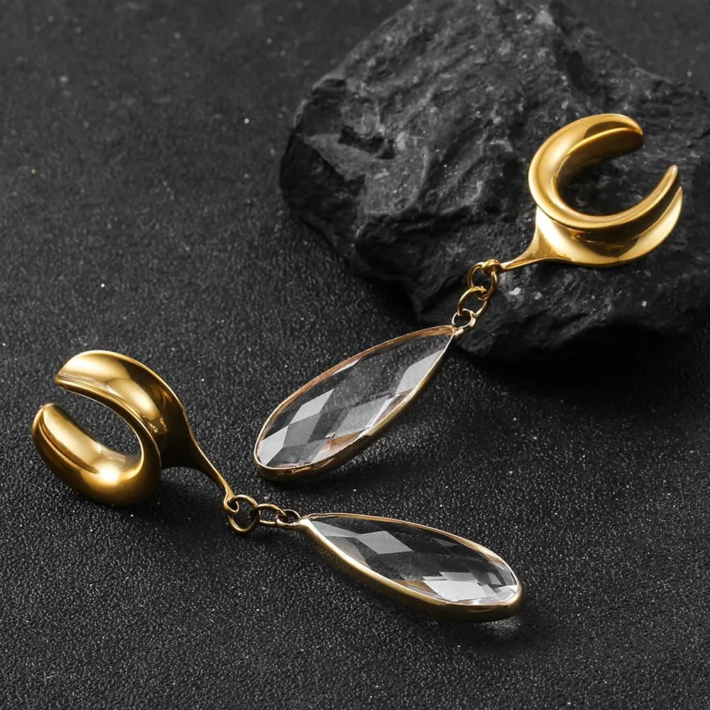 Casvort 2 PCS Hypoallergenic 2G-1" Elegant Teardrop Crystal Dangle Ear Tunnels Plugs 316 Surgical Stainless Steel Fashionable Saddle Gauges Earrings Expander Women Piercing Body Jewelry
