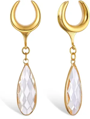 Casvort 2 PCS Hypoallergenic 2G-1" Elegant Teardrop Crystal Dangle Ear Tunnels Plugs 316 Surgical Stainless Steel Fashionable Saddle Gauges Earrings Expander Women Piercing Body Jewelry