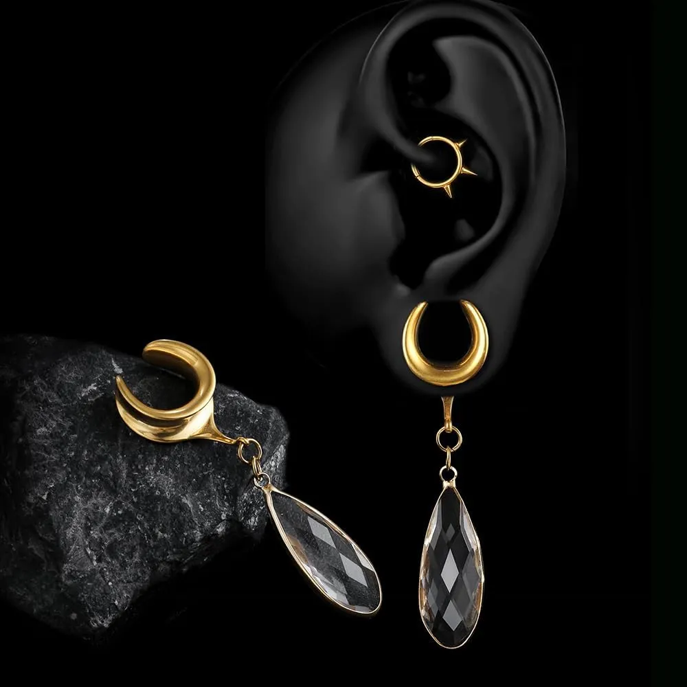 Casvort 2 PCS Hypoallergenic 2G-1" Elegant Teardrop Crystal Dangle Ear Tunnels Plugs 316 Surgical Stainless Steel Fashionable Saddle Gauges Earrings Expander Women Piercing Body Jewelry