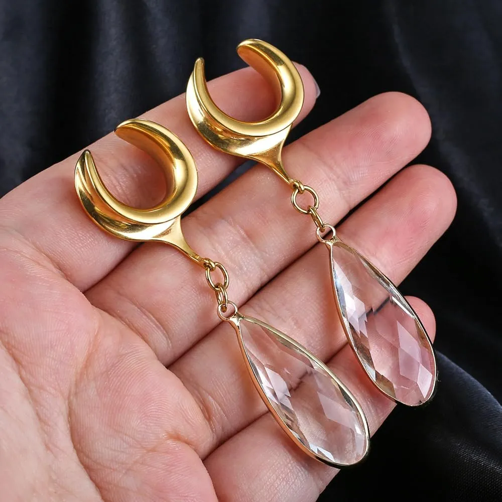 Casvort 2 PCS Hypoallergenic 2G-1" Elegant Teardrop Crystal Dangle Ear Tunnels Plugs 316 Surgical Stainless Steel Fashionable Saddle Gauges Earrings Expander Women Piercing Body Jewelry