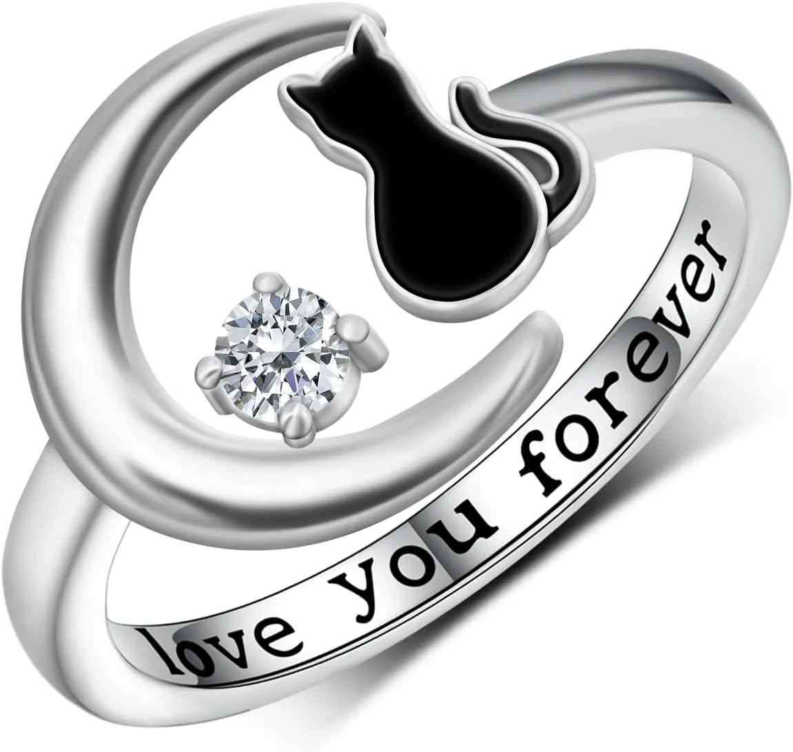 Cat Ring 925 Sterling Silver Moon Ring Black Cat Jewelry Gift for Women Gift