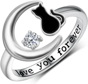 Cat Ring 925 Sterling Silver Moon Ring Black Cat Jewelry Gift for Women Gift