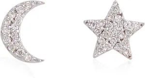 Certified 14K Solid Gold Star Moon Stud Earrings 0.13 Carat Natural Brilliant Cut Diamonds (G-H Color, SI1-SI2 Clarity) Fine Jewelry for Women Gifts for her
