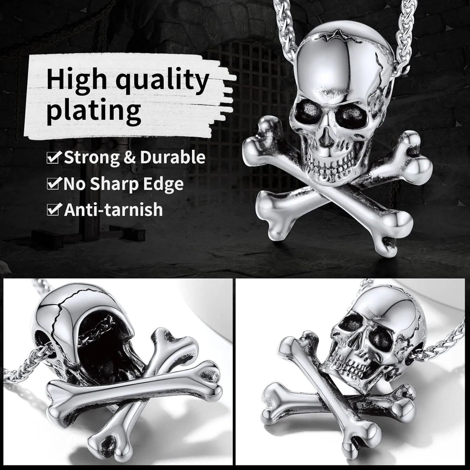 ChainsHouse Skull Necklace for Men, Retro Gothic Punk Jewelry Biker Necklace for Men Women Free Engraving Stainless Steel Dog Tag Pendant Necklace,with Gift Box