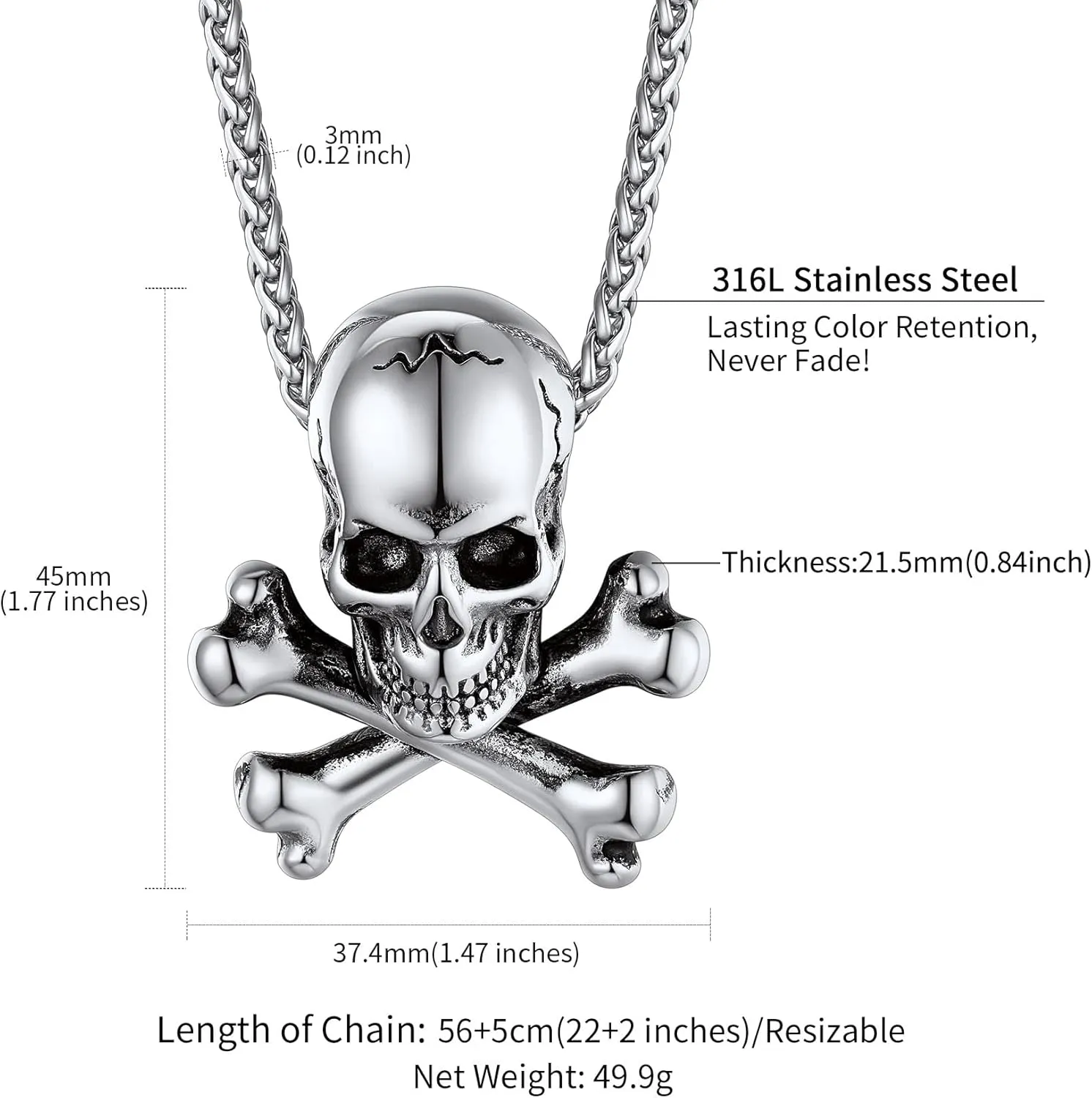 ChainsHouse Skull Necklace for Men, Retro Gothic Punk Jewelry Biker Necklace for Men Women Free Engraving Stainless Steel Dog Tag Pendant Necklace,with Gift Box