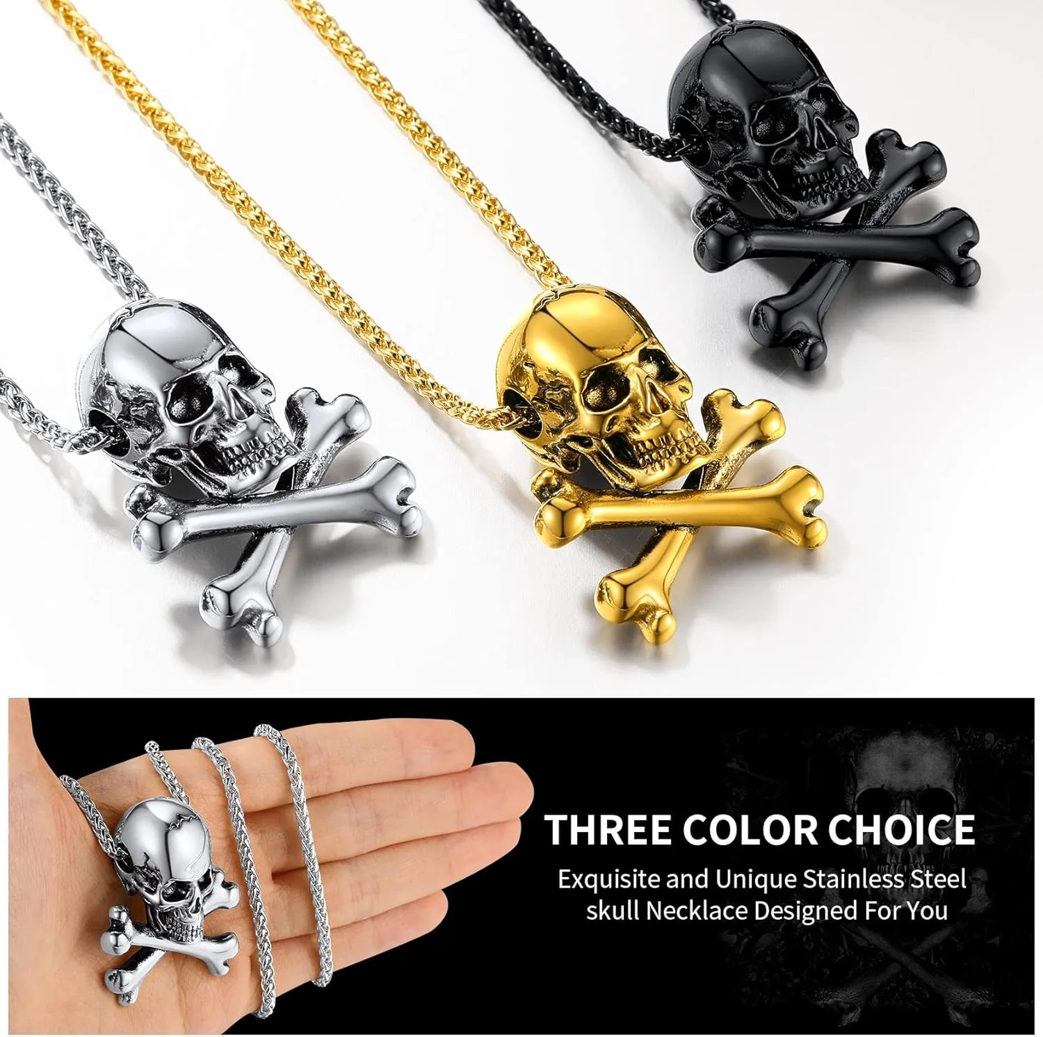 ChainsHouse Skull Necklace for Men, Retro Gothic Punk Jewelry Biker Necklace for Men Women Free Engraving Stainless Steel Dog Tag Pendant Necklace,with Gift Box