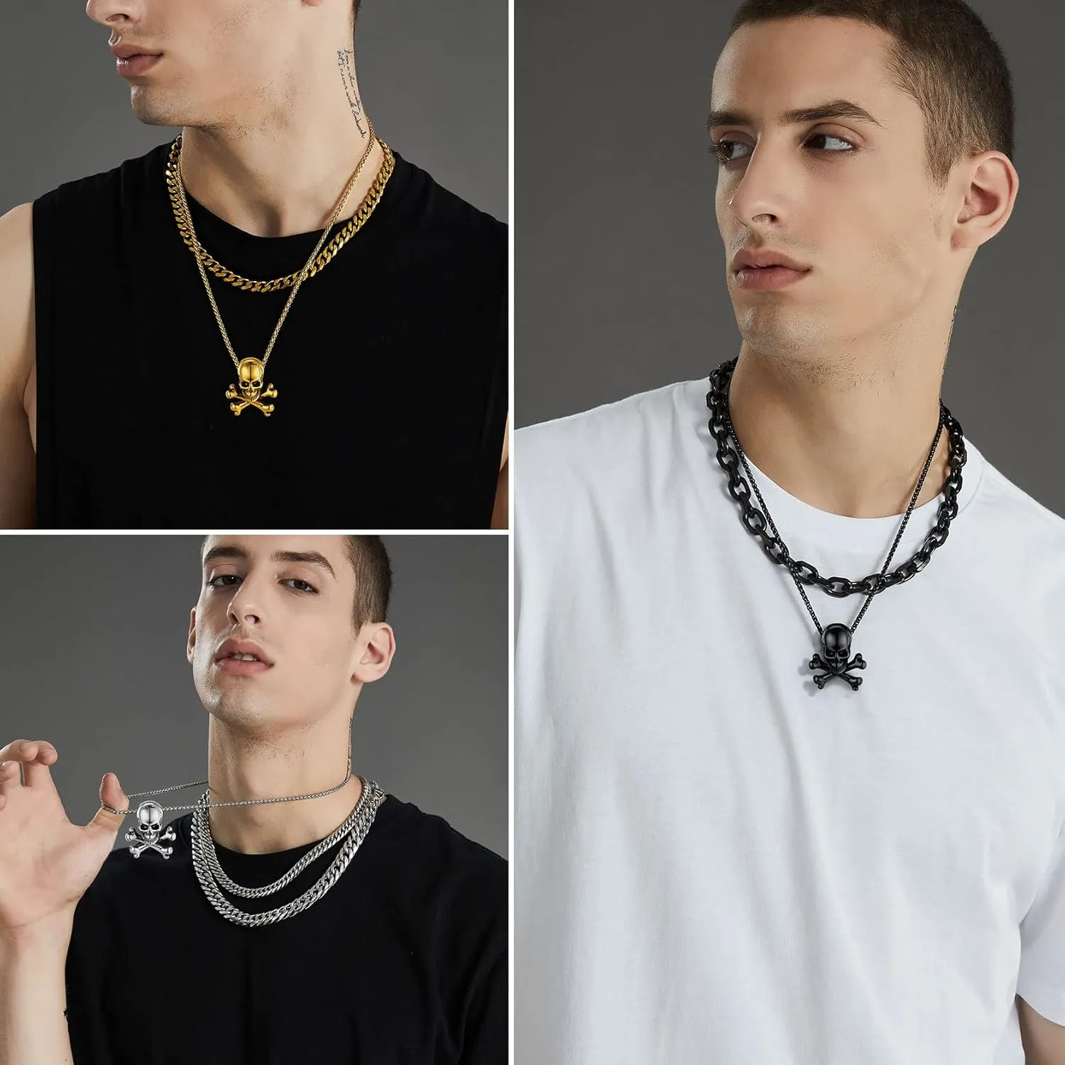 ChainsHouse Skull Necklace for Men, Retro Gothic Punk Jewelry Biker Necklace for Men Women Free Engraving Stainless Steel Dog Tag Pendant Necklace,with Gift Box