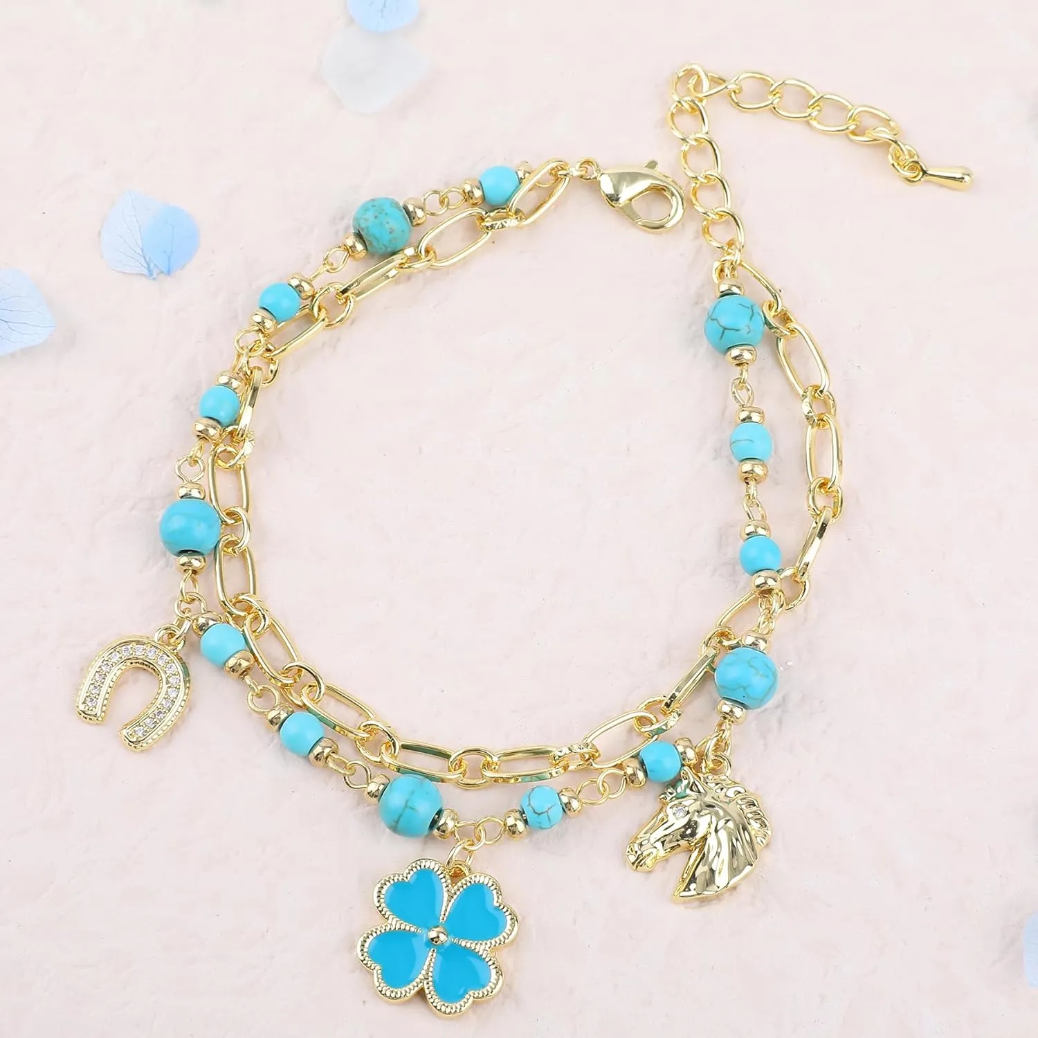 Charm Link Bracelet for Women, Evil Eye Hamsa Horse Horseshoe Fourleaf Clover Travel Airplane Shells Seahorses Starfish Mermaid Tail Conch Pearls Ladybug Mushroom Floret Rose Beads Link Bracelet