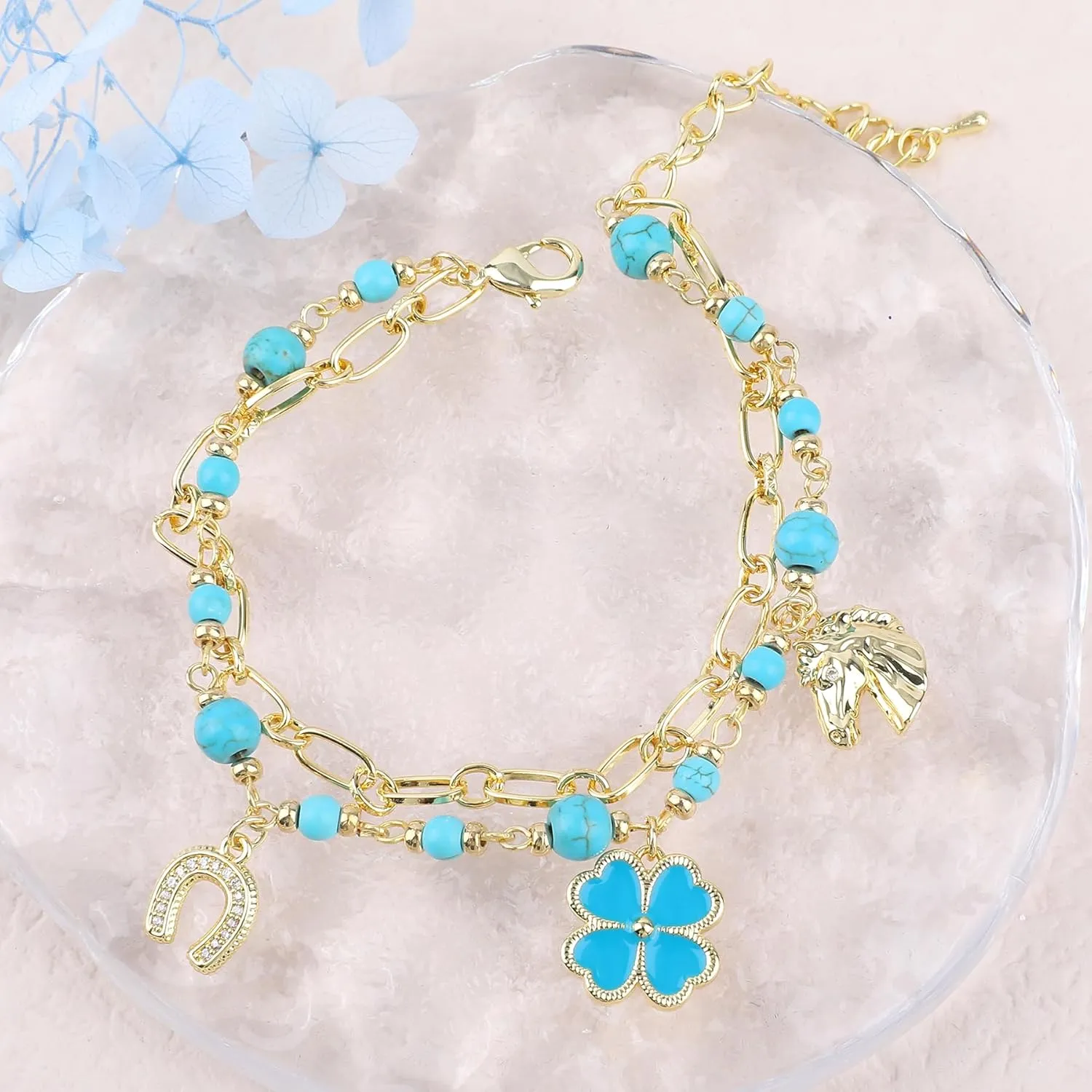 Charm Link Bracelet for Women, Evil Eye Hamsa Horse Horseshoe Fourleaf Clover Travel Airplane Shells Seahorses Starfish Mermaid Tail Conch Pearls Ladybug Mushroom Floret Rose Beads Link Bracelet