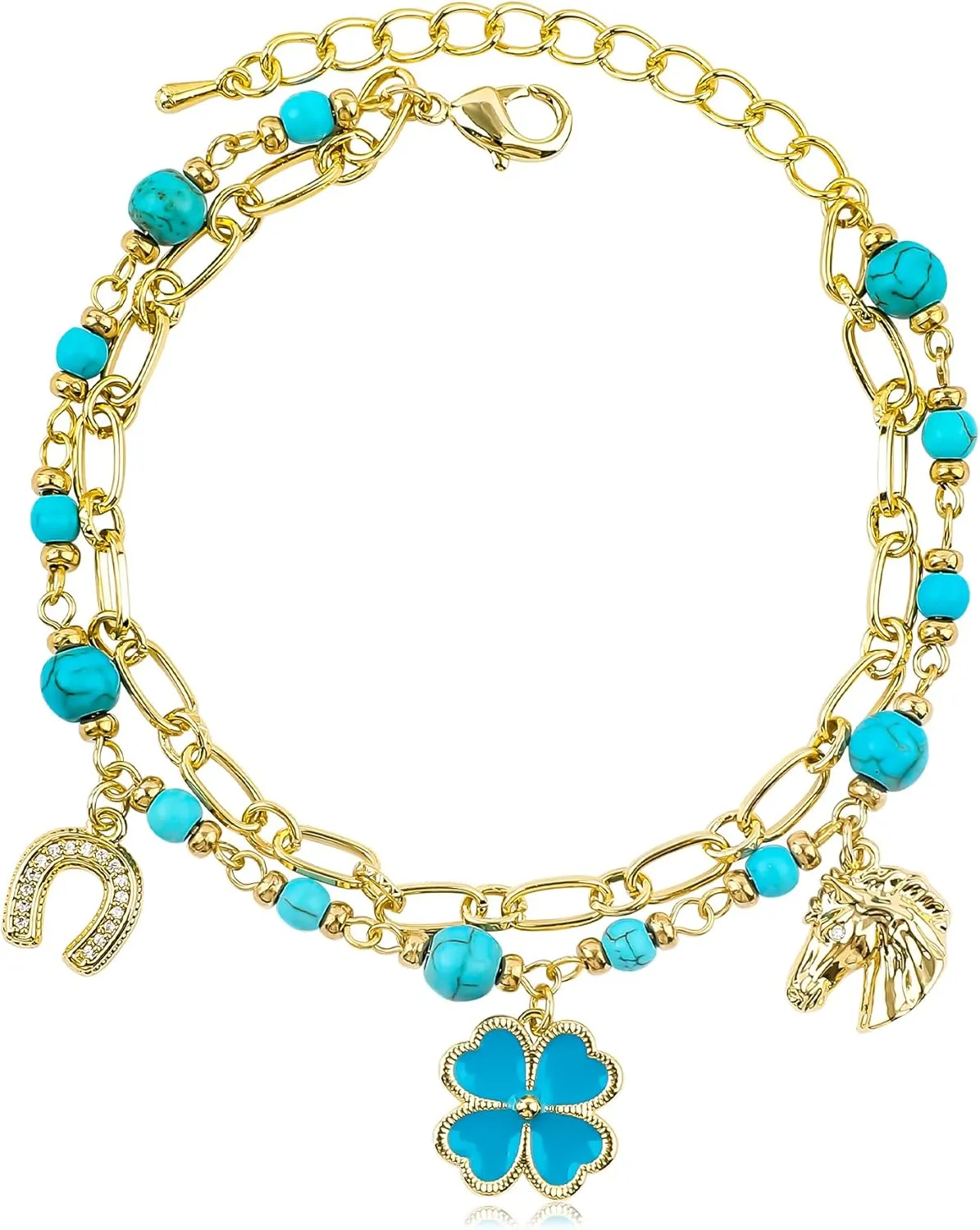 Charm Link Bracelet for Women, Evil Eye Hamsa Horse Horseshoe Fourleaf Clover Travel Airplane Shells Seahorses Starfish Mermaid Tail Conch Pearls Ladybug Mushroom Floret Rose Beads Link Bracelet