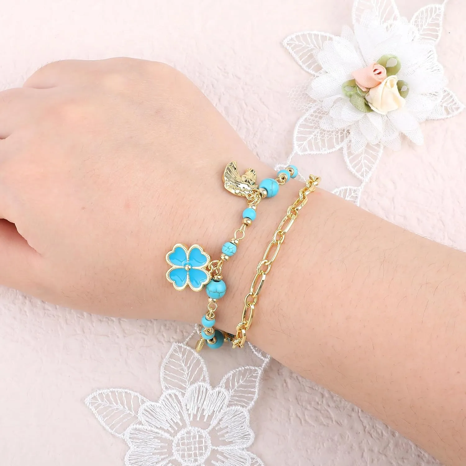 Charm Link Bracelet for Women, Evil Eye Hamsa Horse Horseshoe Fourleaf Clover Travel Airplane Shells Seahorses Starfish Mermaid Tail Conch Pearls Ladybug Mushroom Floret Rose Beads Link Bracelet