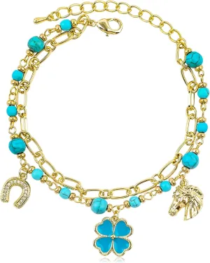 Charm Link Bracelet for Women, Evil Eye Hamsa Horse Horseshoe Fourleaf Clover Travel Airplane Shells Seahorses Starfish Mermaid Tail Conch Pearls Ladybug Mushroom Floret Rose Beads Link Bracelet