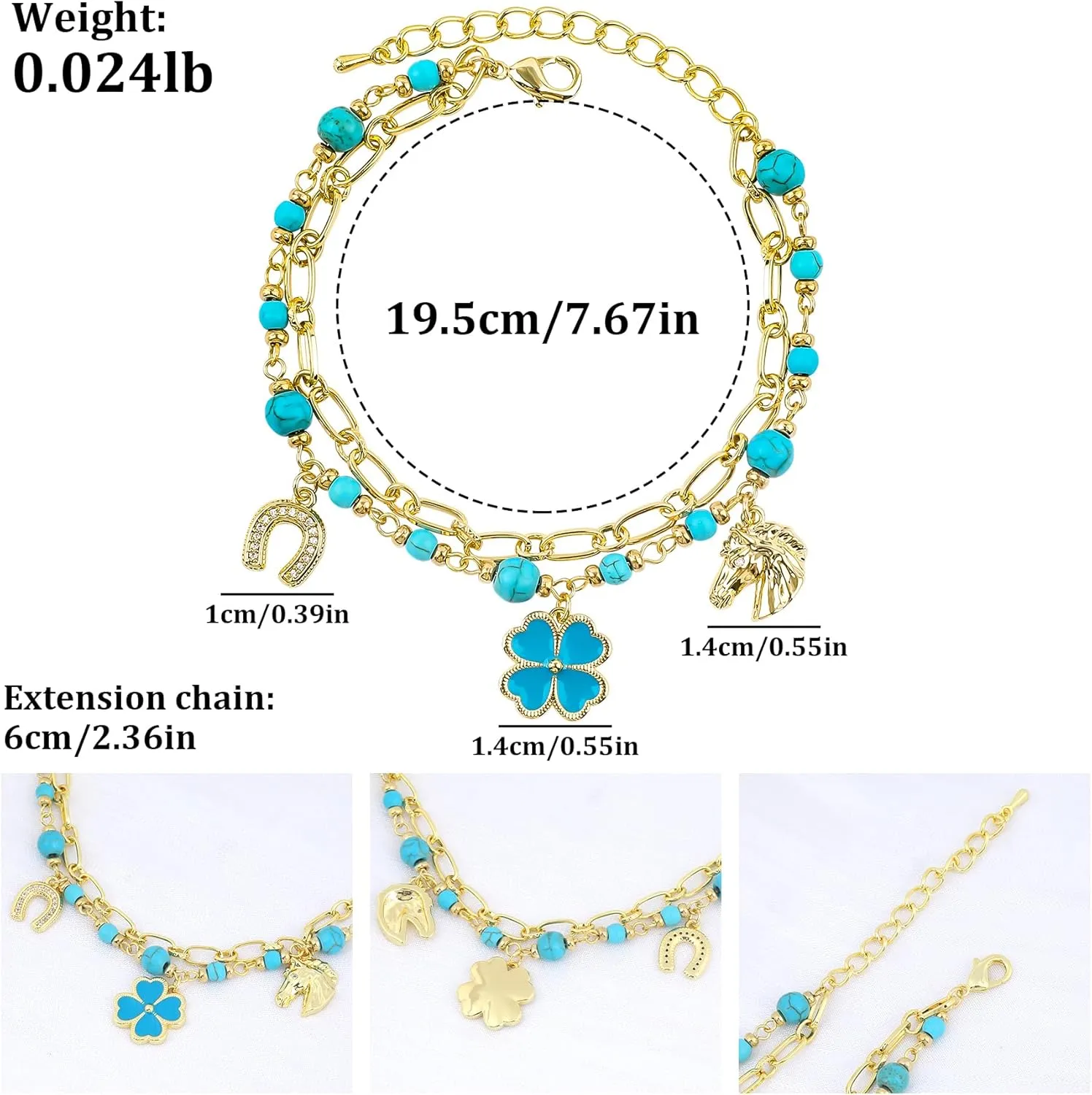 Charm Link Bracelet for Women, Evil Eye Hamsa Horse Horseshoe Fourleaf Clover Travel Airplane Shells Seahorses Starfish Mermaid Tail Conch Pearls Ladybug Mushroom Floret Rose Beads Link Bracelet