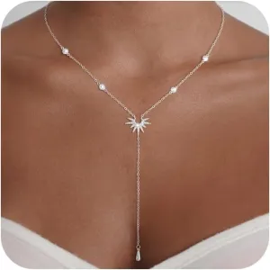 CHESKY Long Necklaces for Women, 14k Gold Plated/Streling Silver Lariat Necklace Dainty Statement Prom Necklace Rosary Cross Sun Drop Pendant Dangle Necklace Gold Prom Jewelry for Women Gifts