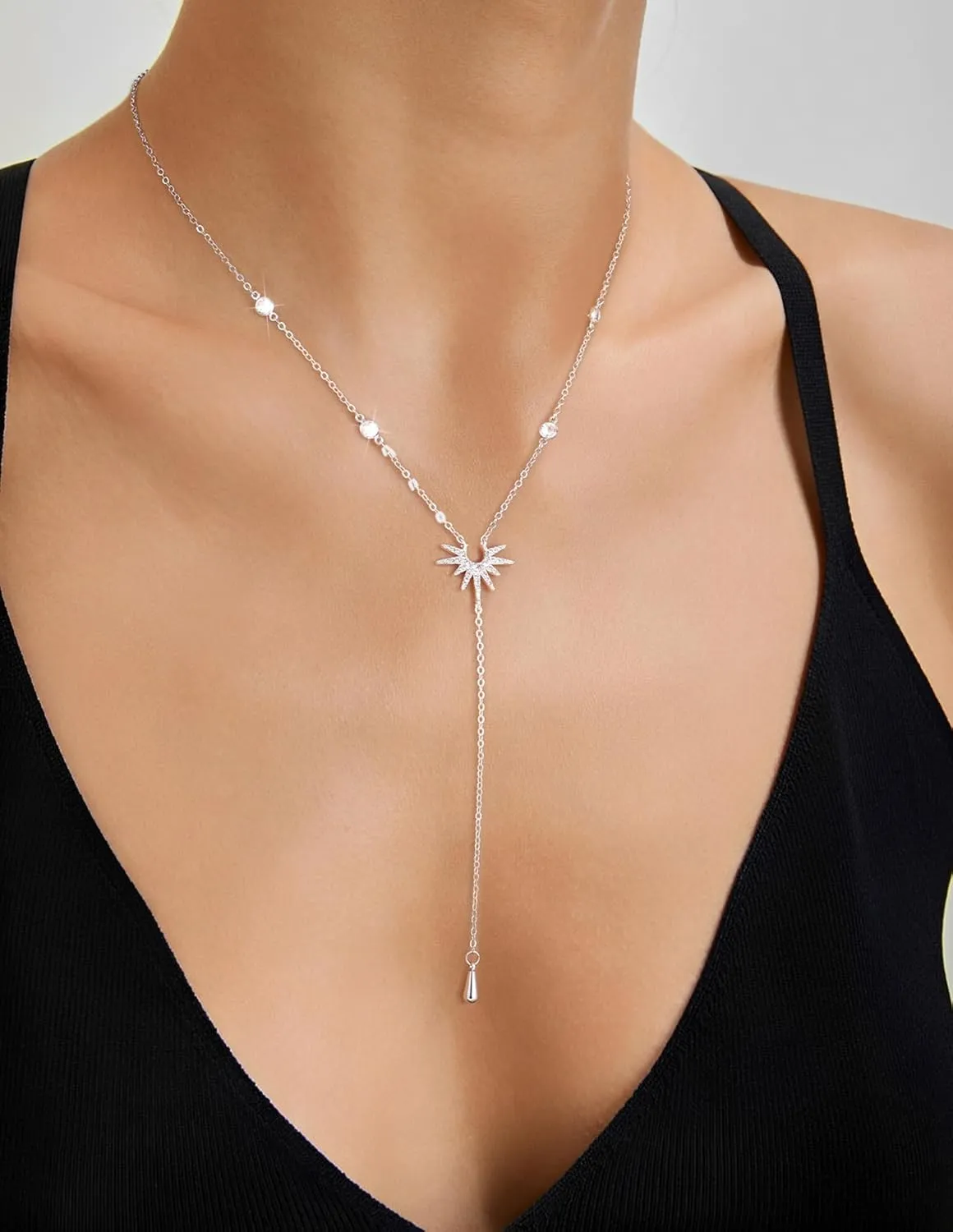 CHESKY Long Necklaces for Women, 14k Gold Plated/Streling Silver Lariat Necklace Dainty Statement Prom Necklace Rosary Cross Sun Drop Pendant Dangle Necklace Gold Prom Jewelry for Women Gifts