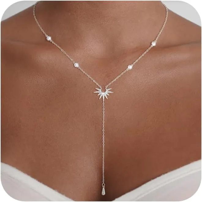 CHESKY Long Necklaces for Women, 14k Gold Plated/Streling Silver Lariat Necklace Dainty Statement Prom Necklace Rosary Cross Sun Drop Pendant Dangle Necklace Gold Prom Jewelry for Women Gifts