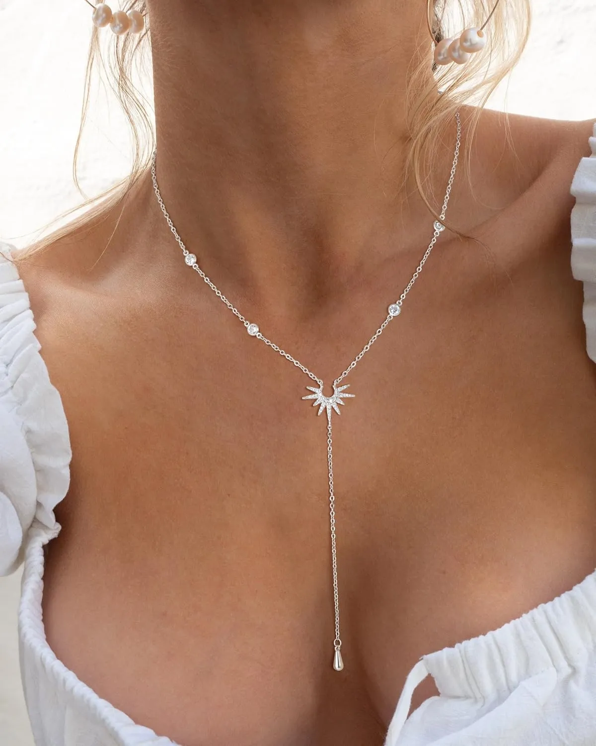 CHESKY Long Necklaces for Women, 14k Gold Plated/Streling Silver Lariat Necklace Dainty Statement Prom Necklace Rosary Cross Sun Drop Pendant Dangle Necklace Gold Prom Jewelry for Women Gifts