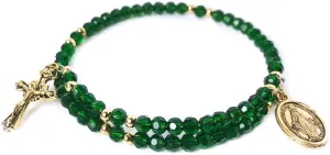 Christian Catholic Rosary Bracelet - 4mm Emerald Green Crystal Beads with Crucifix and Our Lady of Grace Medal