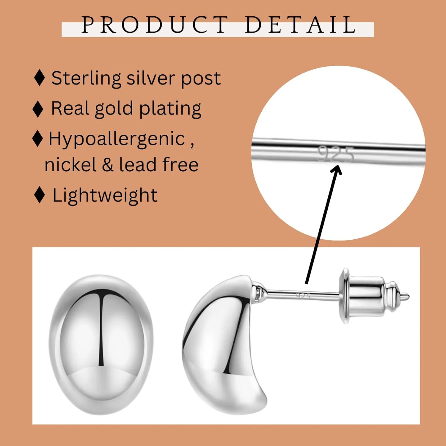 Chunky Gold Hoop Earrings for Women, Sterling Silver Post Stud Earrings, Hypoallergenic Earring Studs for Women Girls Gold Jewelry Gifts for Her
