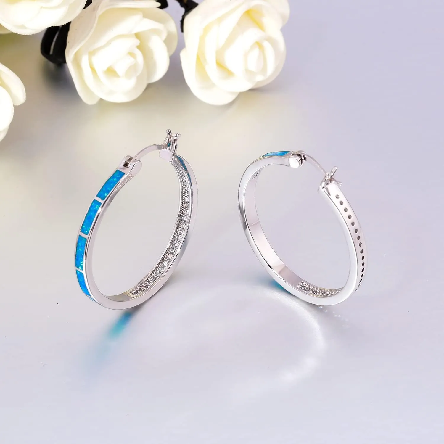 CiNily Opal Hoop Earrings,Women Jewelry Rhodium Plated/Rose Gold or Yellow Gold Plated Gemstone Big Hoop Earrings 32mm