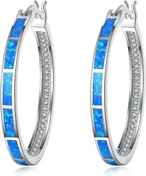 CiNily Opal Hoop Earrings,Women Jewelry Rhodium Plated/Rose Gold or Yellow Gold Plated Gemstone Big Hoop Earrings 32mm