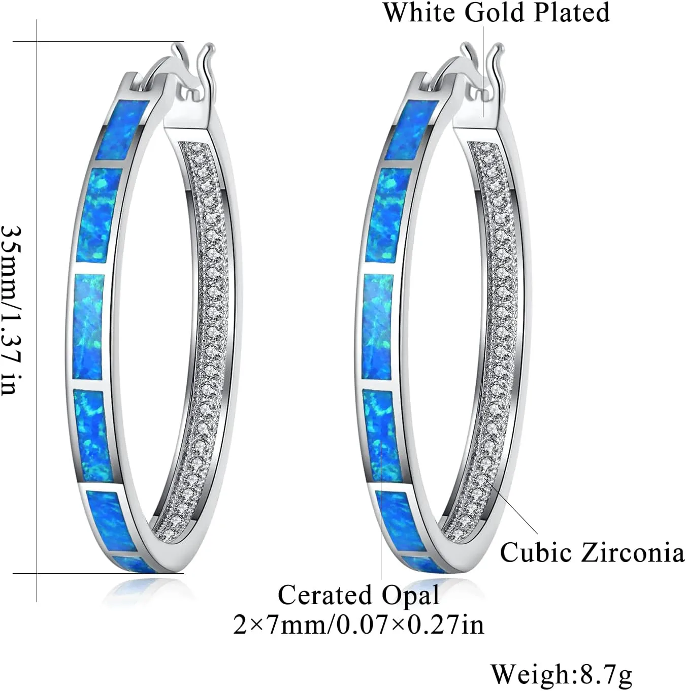 CiNily Opal Hoop Earrings,Women Jewelry Rhodium Plated/Rose Gold or Yellow Gold Plated Gemstone Big Hoop Earrings 32mm