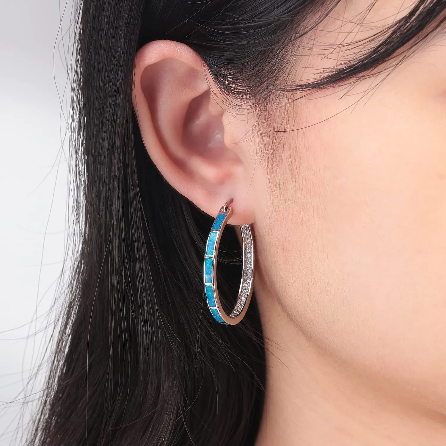 CiNily Opal Hoop Earrings,Women Jewelry Rhodium Plated/Rose Gold or Yellow Gold Plated Gemstone Big Hoop Earrings 32mm