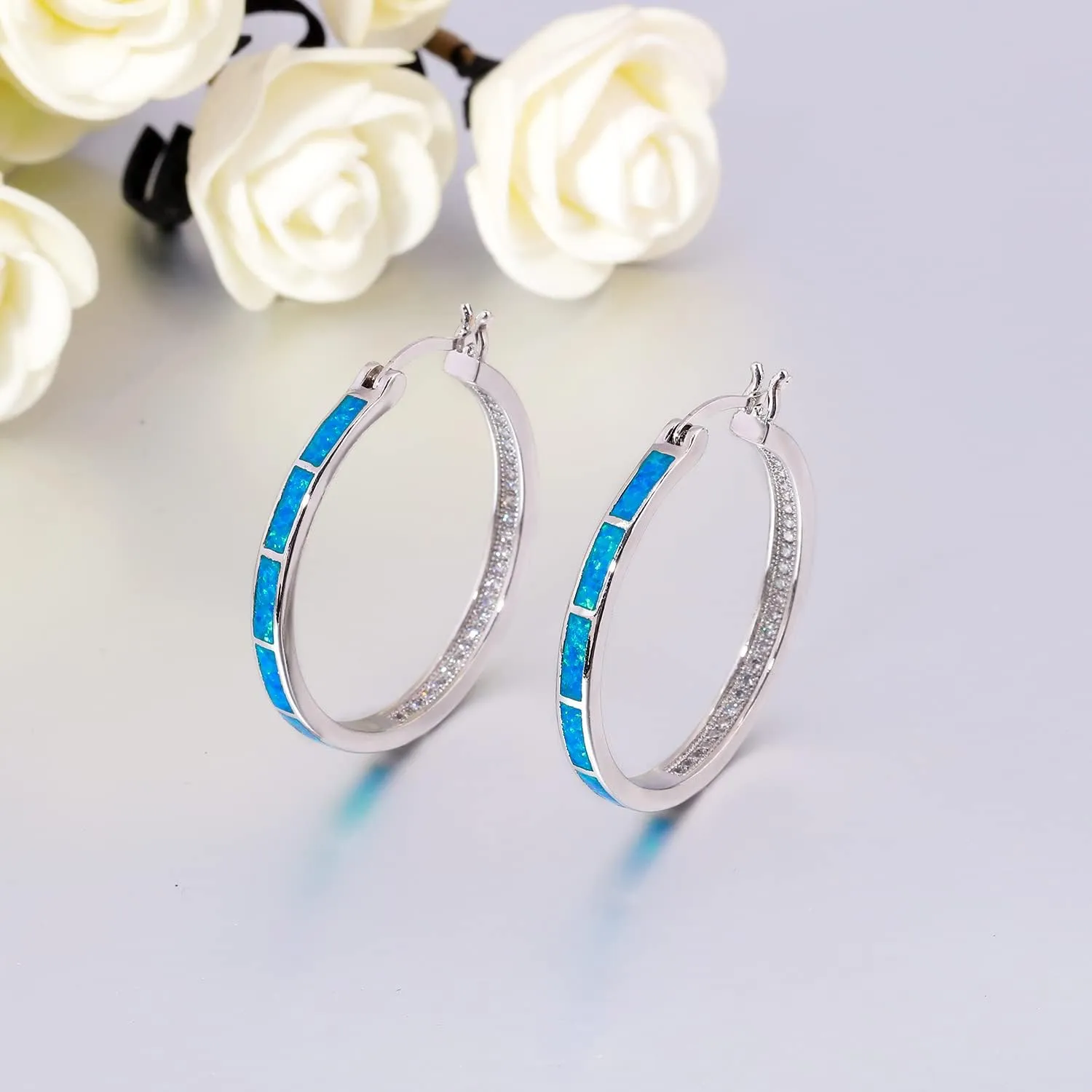 CiNily Opal Hoop Earrings,Women Jewelry Rhodium Plated/Rose Gold or Yellow Gold Plated Gemstone Big Hoop Earrings 32mm