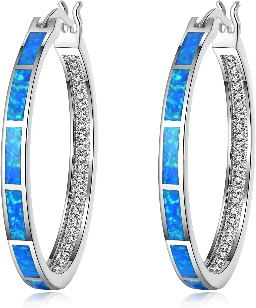 CiNily Opal Hoop Earrings,Women Jewelry Rhodium Plated/Rose Gold or Yellow Gold Plated Gemstone Big Hoop Earrings 32mm