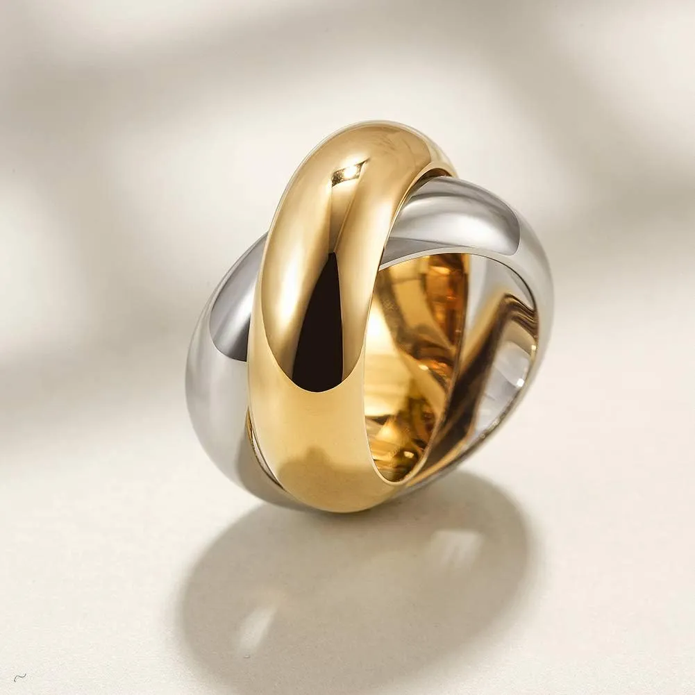 CIUNOFOR 14K Gold Plated Double Rings Simulated Cocktail Rings for Women Tow-color Statement Rings Wide Bands Parallel Bar Ring for Men Shows your Personality.