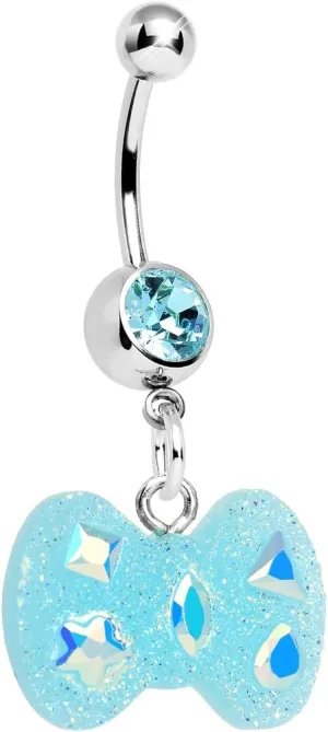 Clear Brilliant Blue Glitter Bow Dangle Belly Ring