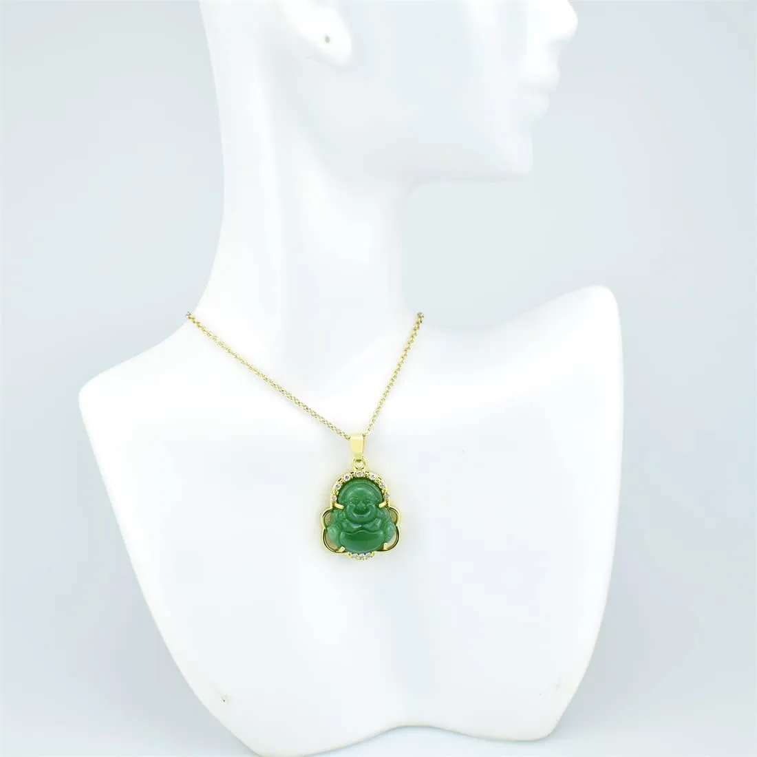 COLORFUL BLING 18k Gold Plated Laughing Buddha Pendant Necklace Green Jade Cubic Zirconia Gemstone Lucky Amulet Jewelry for Women Men